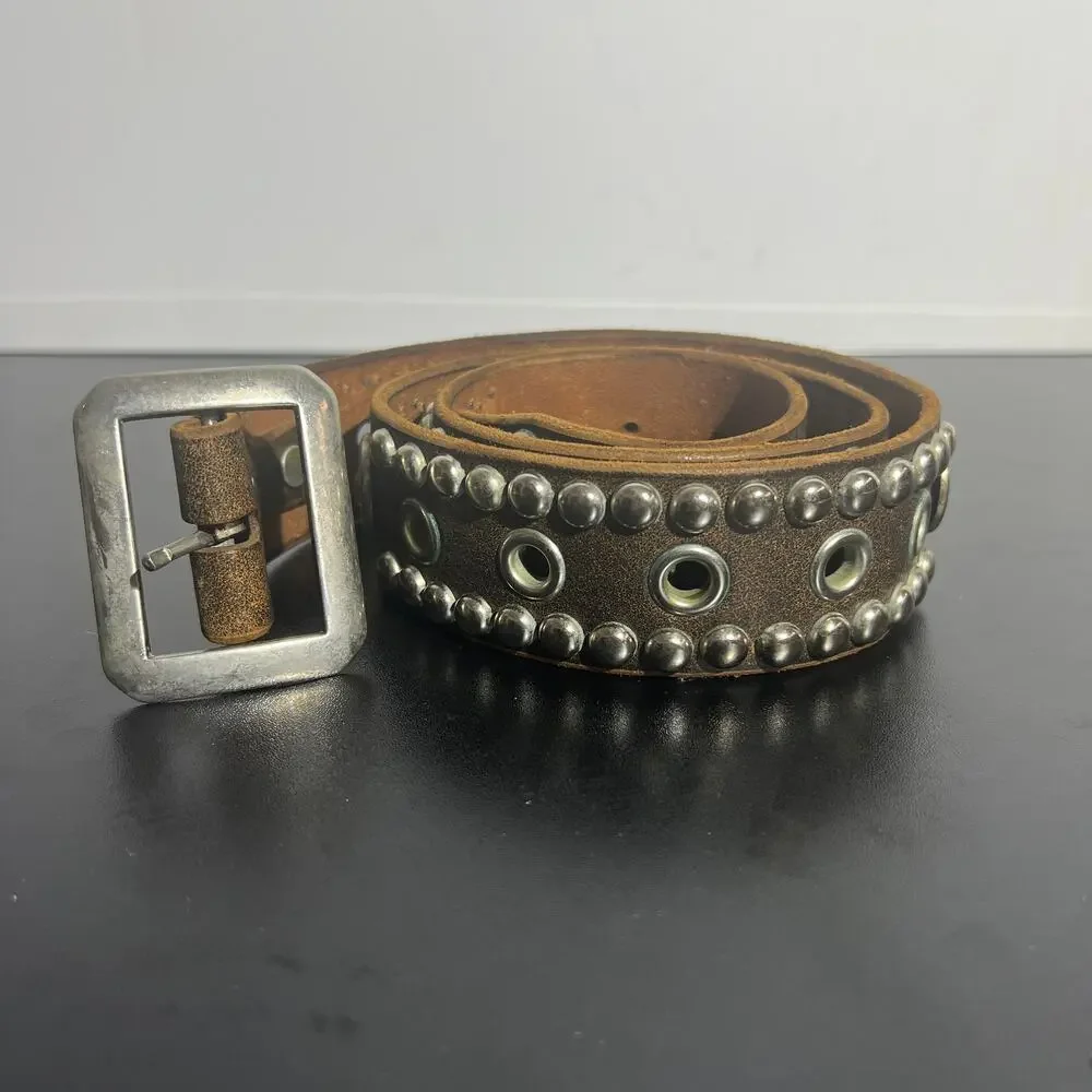 HTC Hollywood Trading Company Studded Grommet Leather Belt Brown 40